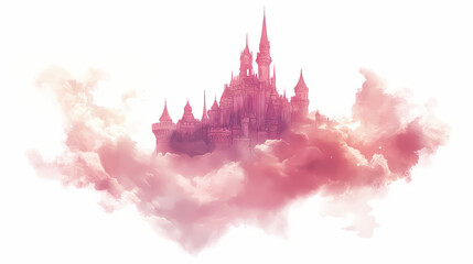  Enchanting watercolor of a fantasy castle with turrets and spires floating peacefully among wispy clouds against a serene white background. Ethereal Dream Landscape. Illustration