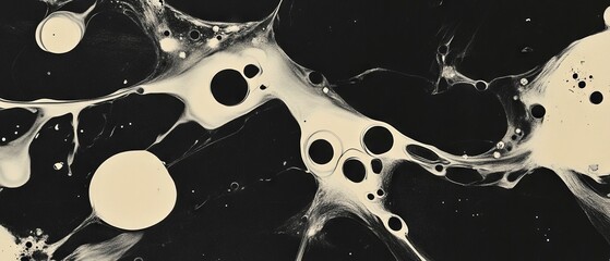 Poster - Splattered ink creates abstract shapes with contrasting tones on a black background