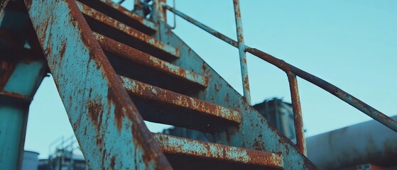 Poster - Stained and corroded metal staircase showcasing industrial decay and rough textures