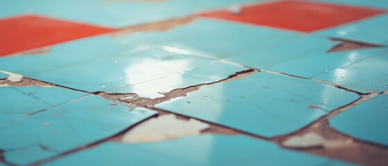 Poster - Stained tiles and grout revealing cracked texture in a worn-out floor background