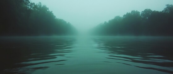 Poster - Murky water shrouded in fog with limited visibility and calm ripples near forested shoreline