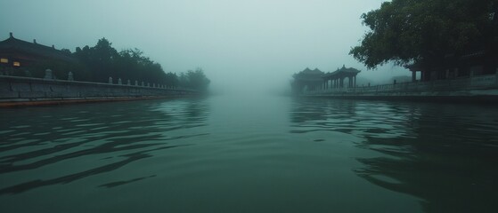 Poster - Turbid water reflecting eerie fog with limited visibility along tranquil banks