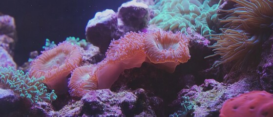 Poster - Vibrant coral reef teeming with colorful textures and diverse marine life in shallow water