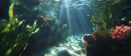 Poster - Underwater paradise showcasing rays of sunlight filtering through clear water and vibrant marine flora