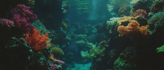 Poster - Vibrant underwater coral reefs teeming with colorful fish near tropical shoreline