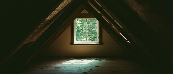Poster - Warm and nostalgic attic with sunlight filtering through the window surrounded by wooden beams