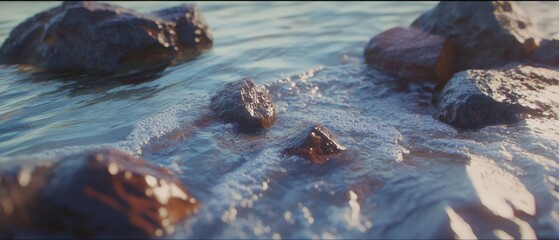 Poster - Water flows gently over smooth rocks creating a tranquil scene at the river's edge