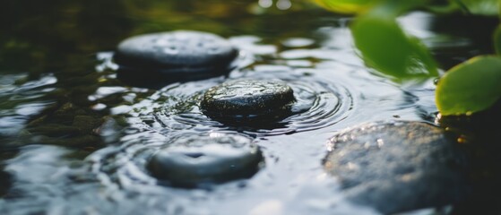 Poster - Water flows gently over smooth stones creating ripples in a serene natural setting