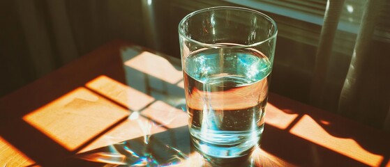 Poster - Exploring the beauty of light and shadows through a glass of water on a wooden table