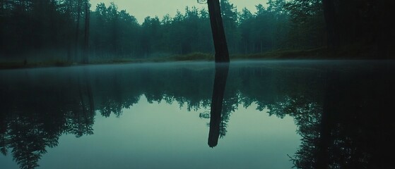 Poster - Tranquil lake reflecting misty forest and tall trees during early morning hours