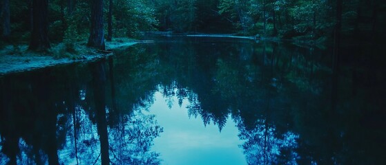 Poster - Reflections of trees in a calm lake capture tranquil forest beauty at dusk