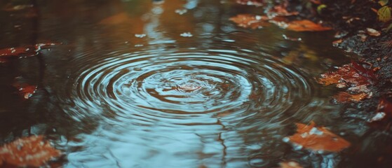 Poster - Ripples and reflections in calm water surrounded by autumn leaves at a serene evening