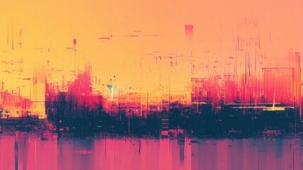 Poster - Glitchy abstract texture with vibrant pink and orange fragmented cityscape blocks