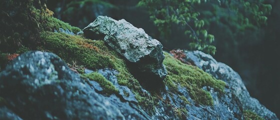 Aufkleber - Weathered stone with rough texture and vibrant moss in a serene natural setting