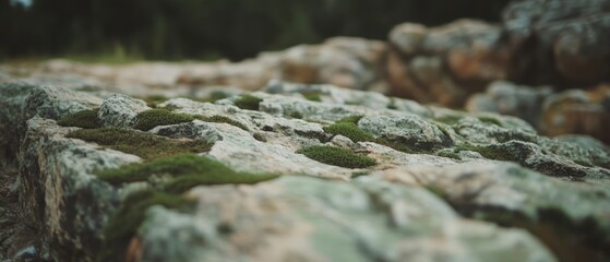 Poster - Weathered stone with rough texture and moss growth in a natural outdoor setting