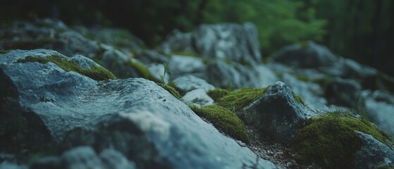 Aufkleber - Weathered stone surface with moss showcasing natural textures and ages in a serene environment