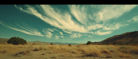 Aufkleber - Wispy Cirrus Clouds Over Desert Landscape at Sunset in Arid Region