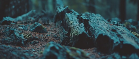 Aufkleber - Wooden bark with rough surface and lush moss in serene forest setting during dusk