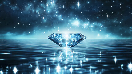 Wall Mural - Mesmerizing celestial radiance reflected on tranquil waters. Galactic Ocean Glow. Illustration