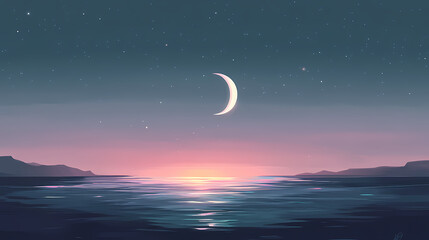 Wall Mural - Serene night moon over calm ocean water. Galactic Ocean Glow. Illustration