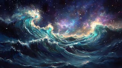 Wall Mural - Shimmering waves in a cosmic ocean with teal and indigo. Galactic Ocean Glow. Illustration