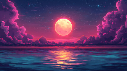 Wall Mural - Tranquil ocean night with a radiant full moon casting its glow over calm waters under starlit clouds. Galactic Ocean Glow. Illustration