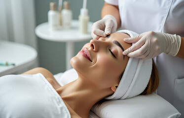 Wall Mural - Young caucasian female receiving relaxing facial massage at a spa