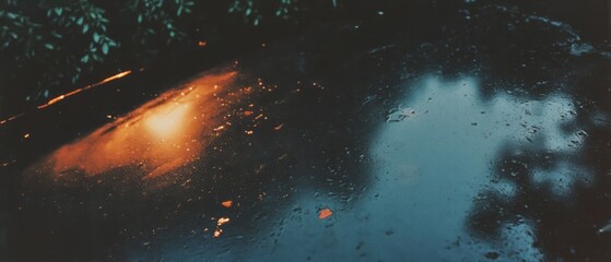 Poster - Reflections of light and shadow on a wet surface with ghosting effect at dusk