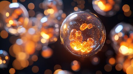 Wall Mural - Glowing amber bubbles float against a dark background, creating a mesmerizing visual effect.