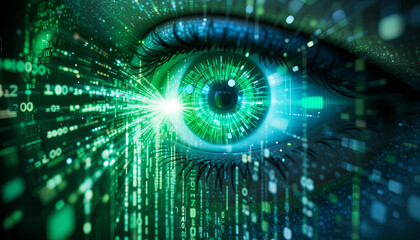 Fototapete - An eye is surrounded by vibrant digital data streams, showcasing the integration of technology and human perception. The setting conveys a sense of innovation and connection