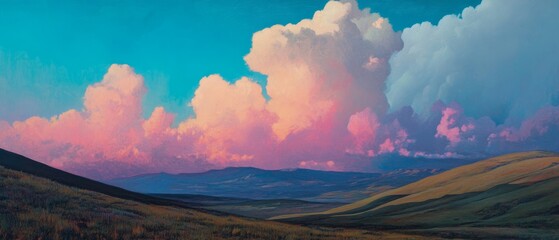 Poster - Vibrant sky over rolling hills with dramatic clouds in a serene landscape setting