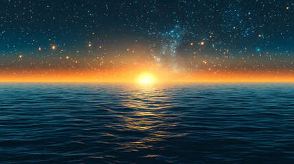 Wall Mural - A celestial sunrise over a distant ocean with bright glowing stars in the galactic expanse. Galactic Ocean Glow. Illustration