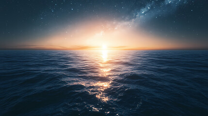 Wall Mural - A celestial sunrise over a distant ocean with bright glowing stars in the galactic expanse. Galactic Ocean Glow. Illustration