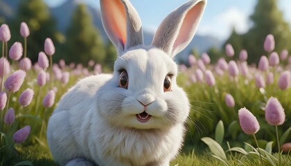 Adorable White Bunny in a Spring Flower Meadow: A Whimsical Illustration