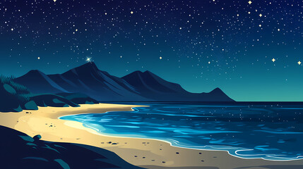Wall Mural - a starry night sky over a dark blue ocean with a sandy beach and a mountain in the background. galac