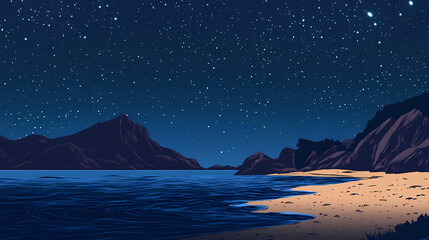 Wall Mural - a starry night sky over a dark blue ocean with a sandy beach and a mountain in the background. galac