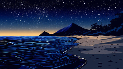 Wall Mural - a starry night sky over a dark blue ocean with a sandy beach and a mountain in the background. galac