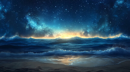 Wall Mural - Breathtaking beach landscape with the milky way galaxy illuminating the serene ocean waves and shoreline under a starry night sky. Galactic Ocean Glow. Illustration