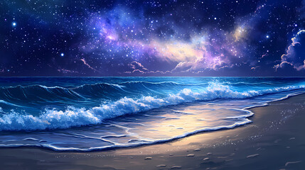 Wall Mural - Breathtaking beach landscape with the milky way galaxy illuminating the serene ocean waves and shoreline under a starry night sky. Galactic Ocean Glow. Illustration