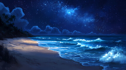 Wall Mural - Breathtaking beach landscape with the milky way galaxy illuminating the serene ocean waves and shoreline under a starry night sky. Galactic Ocean Glow. Illustration