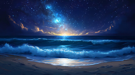 Wall Mural - Breathtaking beach landscape with the milky way galaxy illuminating the serene ocean waves and shoreline under a starry night sky. Galactic Ocean Glow. Illustration