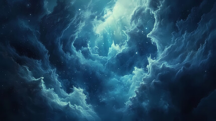 Wall Mural - Captivating underwater scene with shimmering celestial rays of light piercing through the serene deep blue ocean waters creating a magical dreamlike landscape. Galactic Ocean Glow. Illustration
