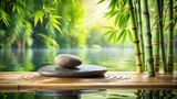 Zen stones and bamboo on the beach with greenery and water for relaxation and wellness