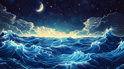 Wall Mural - Celestial cosmic ocean with shimmering waves and space. Galactic Ocean Glow. Illustration