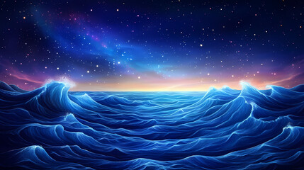 Wall Mural - Celestial cosmic ocean with shimmering waves and space. Galactic Ocean Glow. Illustration