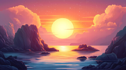 Wall Mural - Celestial sunrise over rocky landscape. Galactic Ocean Glow. Illustration