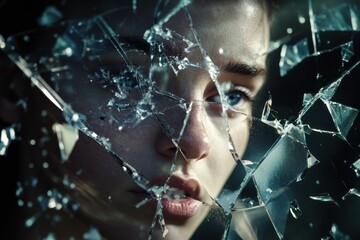 Poster - Reflections of a fragmented identity through shattered glass capturing emotional depth and complexity. Generative AI