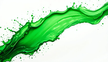 Poster - A bright green liquid elegantly splashes and flows, creating dynamic curves and droplets. The lively color contrasts vividly with the white background, enhancing the visual impact