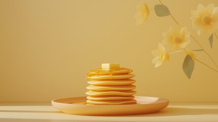 Sticker - A minimalistic stack of pancakes topped with syrup, placed on a soft orange plate against a yellow background with floral accents