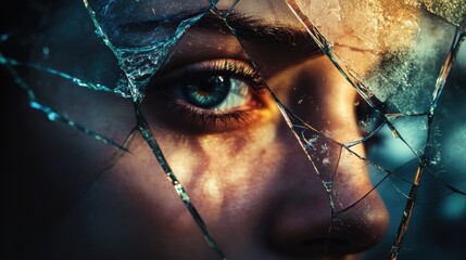 Poster - Shattered glass reflecting a fragmented view of a persons face in muted lighting. Generative AI
